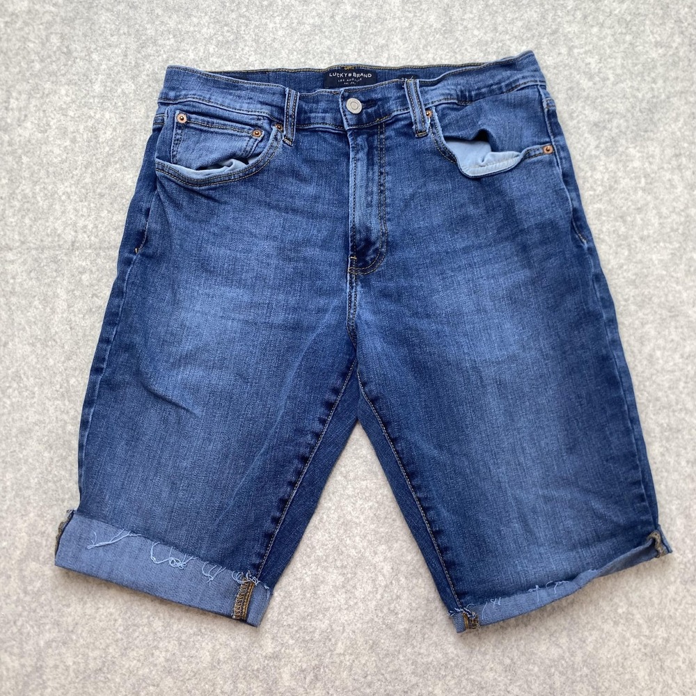 Lucky Brand 440 Mens 32 Denim Shorts (29x11) Blue Cutoff Bermuda Stretch "CUT"